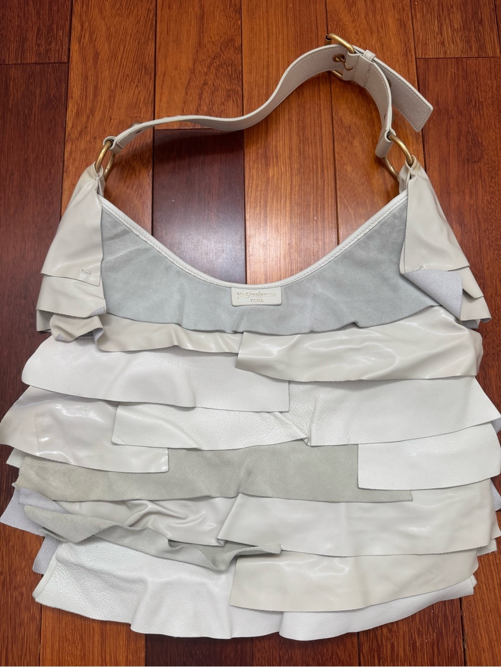 Yves Saint Laurent St Tropez Style Cream and Light Gray Ruffle Shoulder Bag